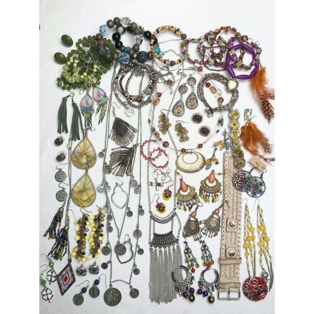 1.36lb Boho Festival Bronze Estate Mix Jewelry Necklace Earring Lot Bundle VTG